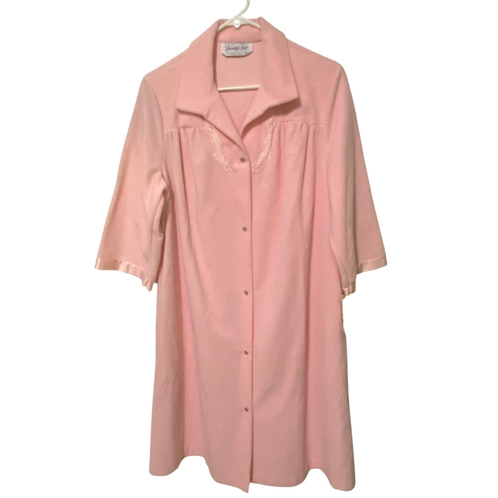 Vtg 70s Vanity Fair Pearl Snap Housecoat Robe M Pink Grannycore Satin Trim USA